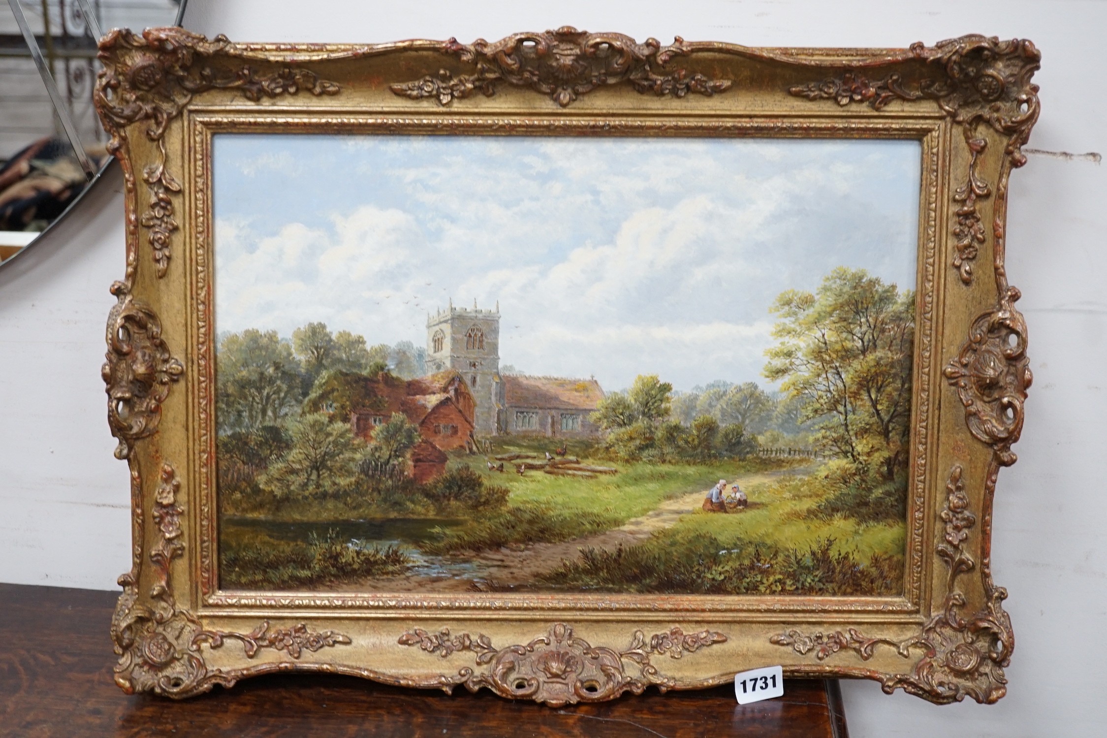 Robert Mann Jnr (1841-1892), oil on canvas, 'Lapley Church, Staffordshire from the meadows', 29 x 45cm